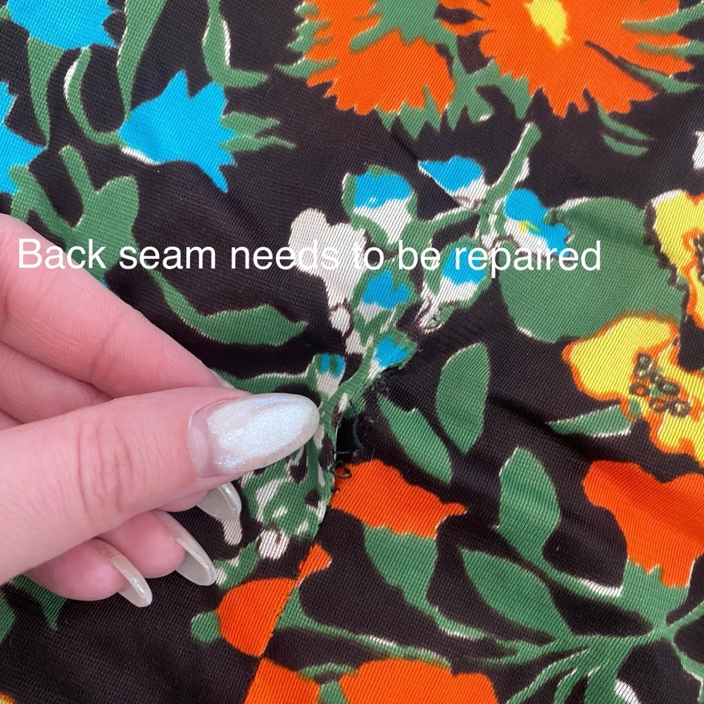 Vintage 70s Retro Dark Floral Button Front Long Sleeve Mini Dress Orange Blue - Picture 16 of 16